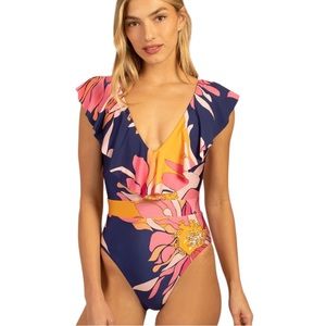 Trina Turk Breeze Ruffle Plunge One Piece Swim Sz 8 NWT